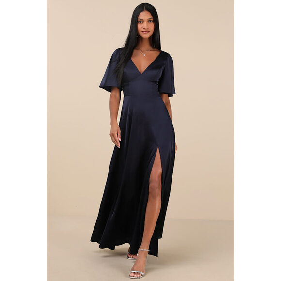 Lulus Elegant Confidence Navy Satin Flutter Sleeve Cutout Maxi Dress Blue - Picture 1 of 1